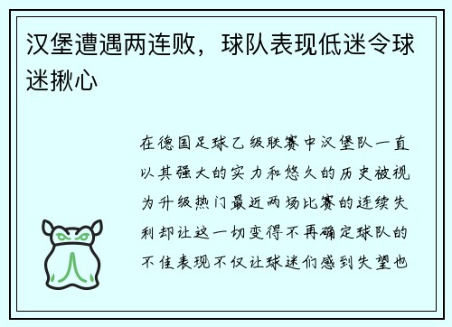 汉堡遭遇两连败，球队表现低迷令球迷揪心